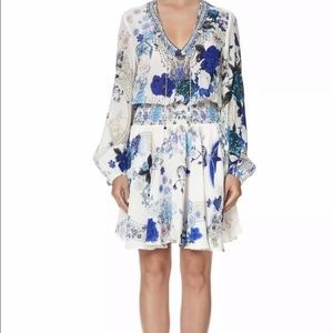 NEW: Camilla Shirred Long-Sleeve Short Dress "White Side of the Moon" Large